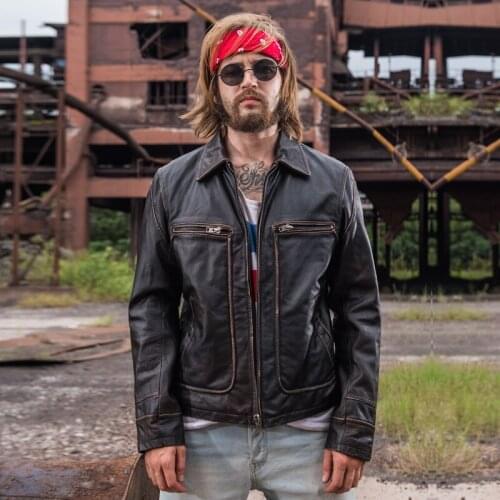 SHENGHUA Men Retro Vintage Brown Genuine Leather Jacket Fashion Motorcycle Jackets Thick Cowhide Winter Coats M-XXXL