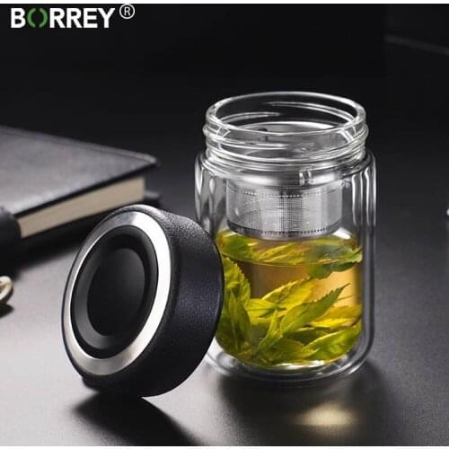 BORREY 250Ml Double Wall Glass Water Bottle Small Cute Water Bottle Children Kids Office Tea Bottle With Infuser Filter Strainer