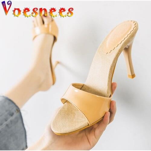 Voesnees 2021 Women Slippers Summer Sandanls High Quality One Word Band Sandal Pure Colour Patent Leather High-Heels Shoes Black