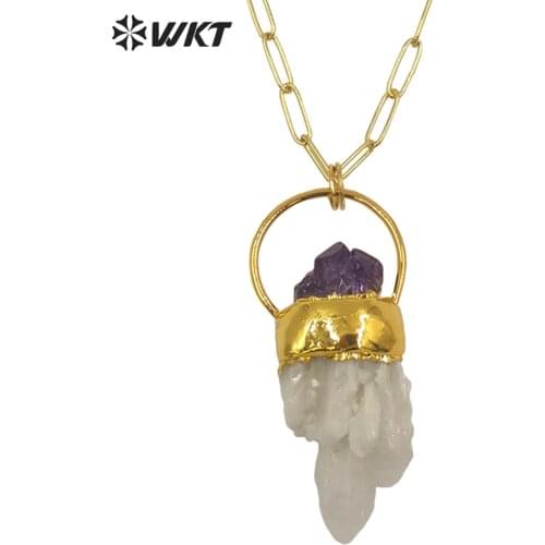 WT-N1275 Unique new design popular natural cluster quartz necklace with Amethysts decorative fashion gold white crystal necklace
