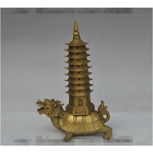 YM 306 12"china brass dragon turtle tortoise 9 Floor Wenchang tower stupa pagoda statue