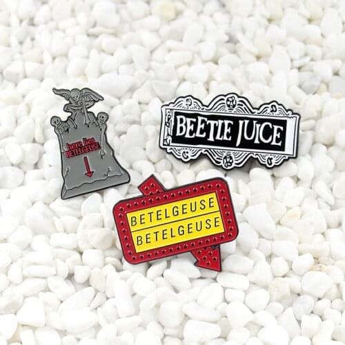 Here lies BETELGEUSE BEETLE JUICE Road sign billboard brooch Gothic horror monster stone tomb Enamel needle Funny artist badge