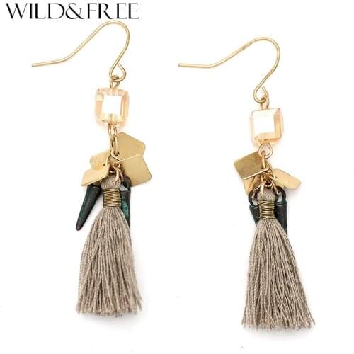 Women Handwork Brown Thread Tassel Drop Earrings Retro Glass Beads Patina Gold Alloy Leaf Pendant Dangle Earrings Jewelry Gift