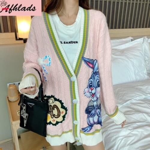 Autumn And Winter New Style Plus Size Womens Knitted Cardigan Ladies Outerwear Jacket Cartoon Single-breasted Jackets