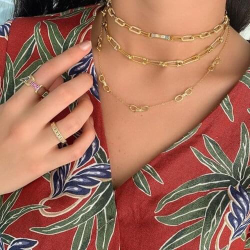 Gold plated square link chain iced out bling sparking cubic zirconia cz women charm choker Modern delicate Chain Necklace jewels