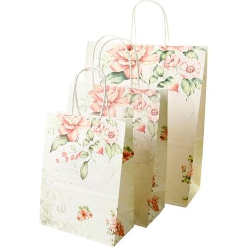 10pcs High Quality Creative Flower Kraft Paper Bags Christmas Festival Party 25*18*10cm Gift Bags with Handles
