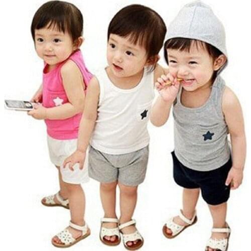 2017 Casual Pink Girl Baby Boy Summer clothes Hooded Cotton Yellow Baby Sport Suit Five Stars Kid Infant Sleeveless Clothes