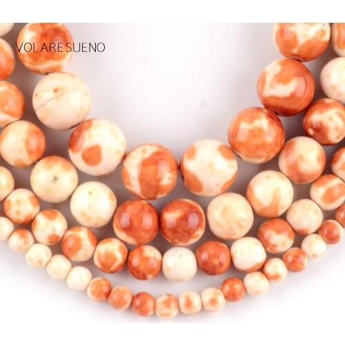 4mm-12mm Natural Stone Orange White Spotted Rain Stone Round Beads For Jewelry Making Spacer Beads Diy Bracelet Jewellery 15"