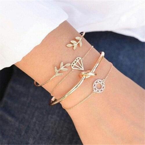 Woozu 4Pcs/set Bohemian Gold color Leaf Hollow Pendant Open Knot Bracelet Set For Women Punk Boho Beach Bangle Jewelry Gift