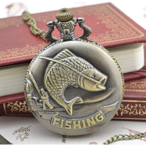 50pcs/lot Bronze Fish Real Retro Pocket Watch Top Quality Watch Necklace Gift Watch Factory Wholesale