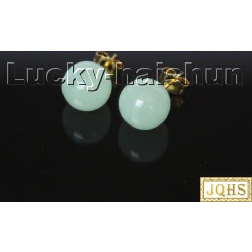 AAA natural Studs 10mm round light blue Jade beads Earrings 14K gold post c301