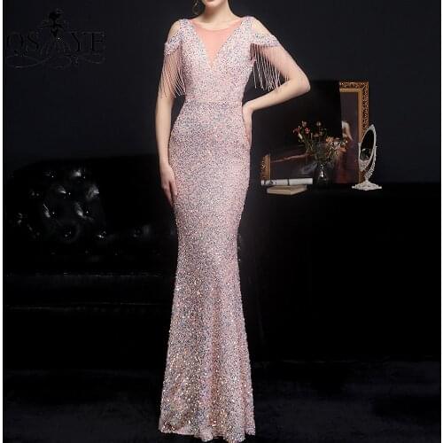 QSYYE Sparkle Pink Evening Dresses Sequin Evening Gown Fitted Glitter Shiny Side Sleeves Party Dress Mermaid V Neck Formal Gown