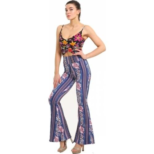 Spring Summer Skinny Tight Hip Women Pants Retro Print Pattern Wide Leg Big Flare High Waist Trousers Casual Female Bottom