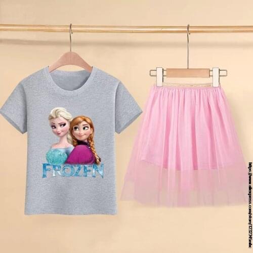 Disney New Cartoon Frozen Elsa Anna Girls 2 pcs Dress New Summer Toddler Birthday Party Dress Short Sleeve Cartoon Dress