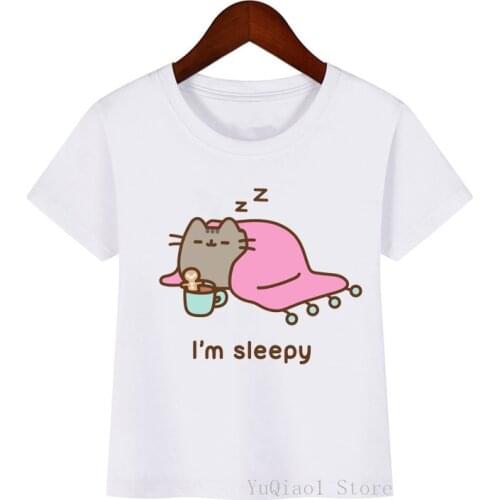 Summer 2021 Lovely Sleepy Cat Print T-Shirt Cute Baby Girl T-Shirt White Short Sleeve T Shirt Top Boys Tee Kids Children Clothes