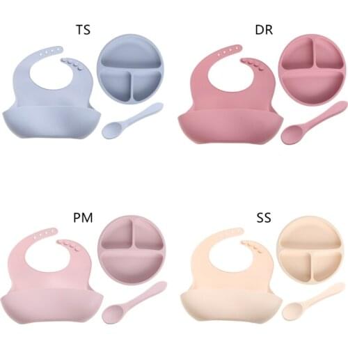 3pcs Baby Feeding Set Food Grade Silicone Bibs Spoon Bowl Suction Plate Dishes Tableware