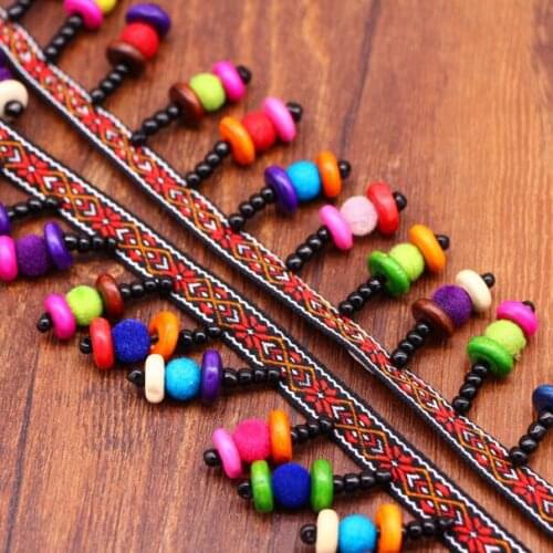 10Yards Bohemian Ethnic Jacquard Lace Ribbon Beading Lace Fringe Ball Trims Wooden Beads DIY Clothing Collar Curtain Accessories