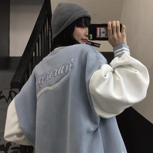2021 jacket female autumn and winter new Harajuku version of loose plus velvet thick sweater student ins baseball uniform tide