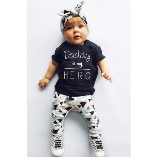 Heat Sell Baby Girls Clothes Set Daddy is my Hero Cotton Short Sleeve T-shirt+Pants+Headband Infant Toddler Outfits