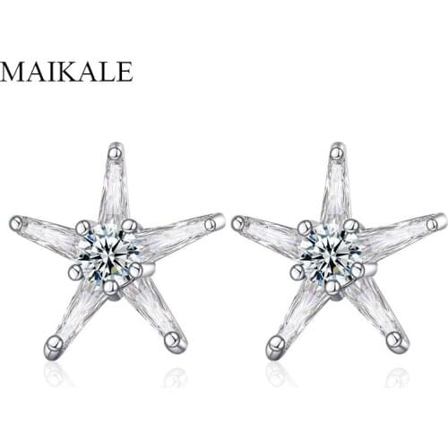 MAIKALE Pentagram/Star/Flower Cubic Zirconia Stud Earring Gold Silver Color CZ Geometric Small Earrings for Women Jewelry Gifts
