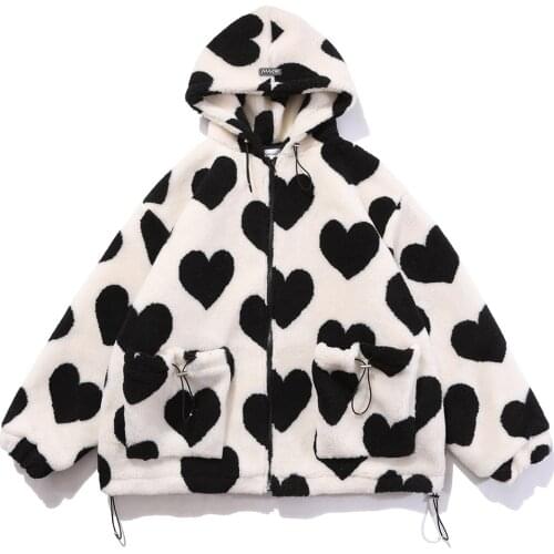 Cute Heart-shaped Print Lambswool Winter Autumn Jacket Men Drawstring Pockets Zipper Hooded High Street Warm Couple Streetwear