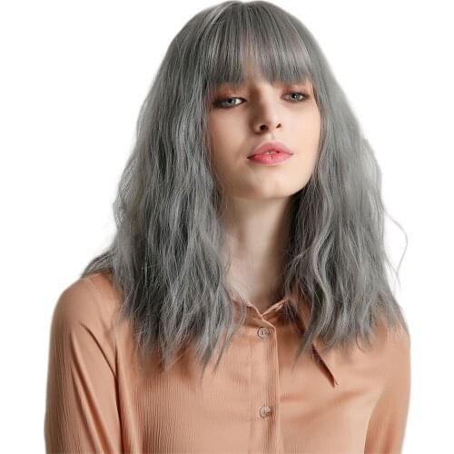 Fashion Grayish Blue Womens Wavy Bob Wig Resistant Wigs With Bangs