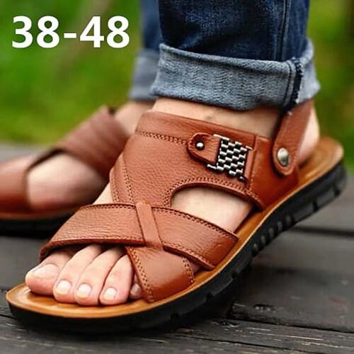 Vintage sandals men anti-skid leather solid color walking shoes men sandals new thick heels dual use slippers man shoes