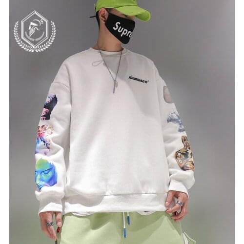 Men Loose Print Fleece Heavyweight Fashion Hip Hop Sweatshirts