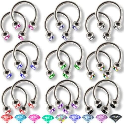 Stainless Steel Double Crystal Circular Barbell Lip Piercing Ring Horseshoe Jewelry Nose Stud Ear Helix Tragus Externally Thread