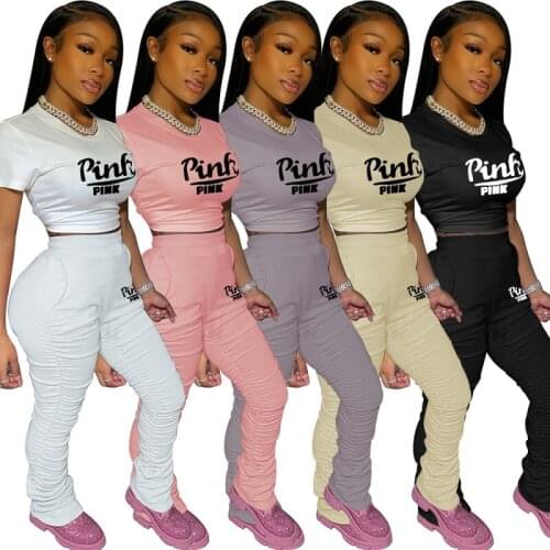 New Pink Letter Print Sexy Club Outfits 2 Two Piece Set Women Bodycon Crop Top Ruched Stacked Pants Women Ladies Matching Sets