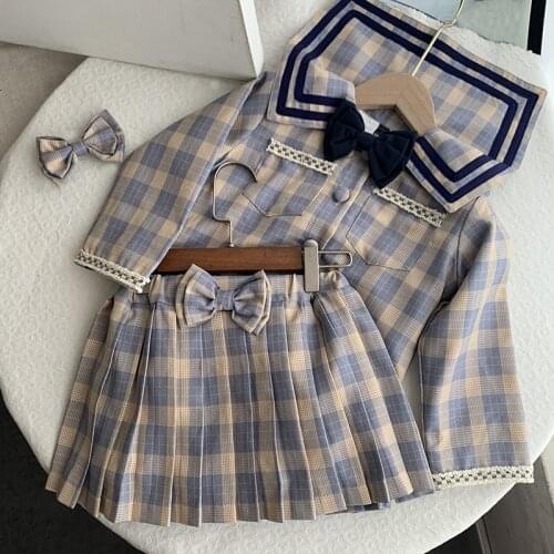 Baby Girl Clothes 2 Pcs Sets 2021 Spring Baby Suit Kids Set Grid Coat And Skirts School Style Children Clothing Outfit