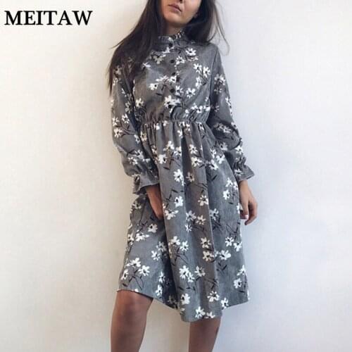 Autumn Winter Corduroy Floral Print Women Dress 2020 Casual Long Sleeve Elastic Waist Beach Dress Female Party Dresses
