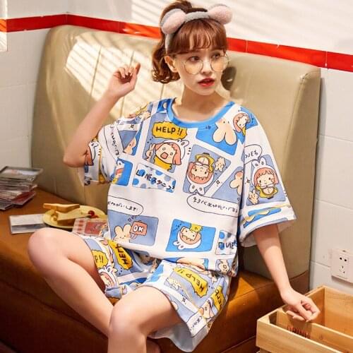 Korean Kawaii Cartoon Manga Print Girls Sleepwear Summer Women Nightwear Set Refreshing Blue O-Neck Cotton Short Sleeve Pajamas