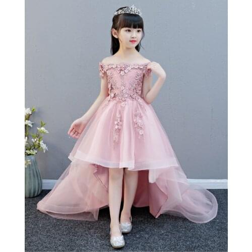 Off Shoulder Appliques Flower Girl Party Dress Pageant Gown High Low Princess Wedding Ball Gown Kids First Communion Dresses