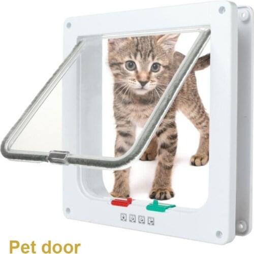 Dog Cat Flap Door with 4 Way Lock Security Flap Door For Cats Kitten ABS Plastic Small Dog Gate Cat Dogs Flap Pet Door Chip
