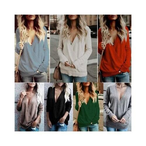 Woolen Long-Sleeved Loose Large V-Neck Stitching Crossover T Shirt Autumn/Winter European and American