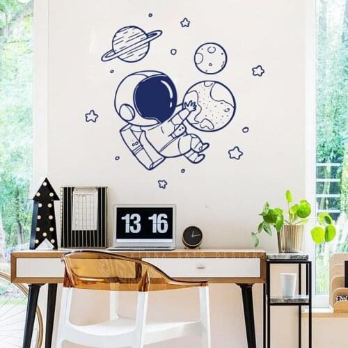 Cartoon Astronaut Planet Galaxy Wall Decal Baby Nursery Kids Room Cosmonaut Space Earth Saturn Wall Sticker Bedroom Vinyl Deco