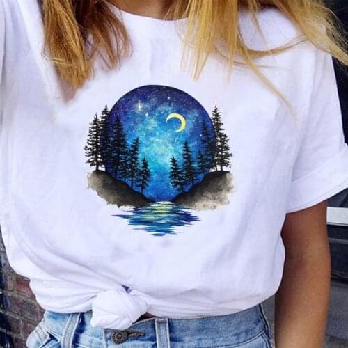 Women Sweet Cartoon Watercolor Moon Star Night Casual 90s Cartoon Fashion Lady Clothes Tops Tees Print Lovely Tshirt T-Shirt