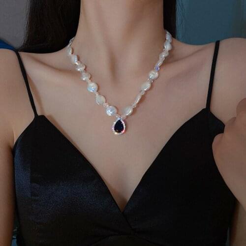 MENGJIQIAO Vintage Baroco Style Freshwater Pearl Necklace For Women Girls Elegant Waterdrop Crystal Pendant Collares Jewelry