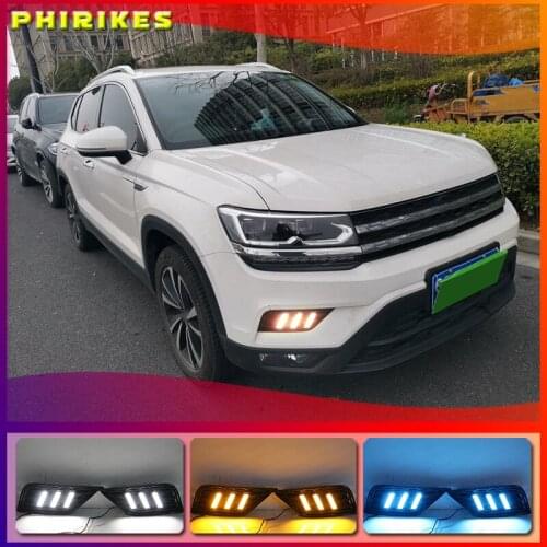 1Pair For Volkswagen VW Tharu 2019 With Yellow Turn Signal Fog Lamp Cover night blue LED DRL Daytime Running Light Daylights