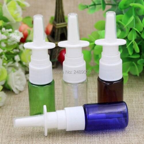 10ML PET Plastic Refillable Empty Sample Bottles Green Blue Brown Clear Nasal Bottle Pump Spray Nose Container 10PCS/LOT