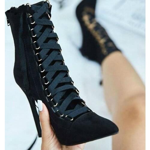 2020 hot mujer primavera gladiador botas cortas correas puntiagudas botas con cordones zapatos 12CM heel fashion shoes