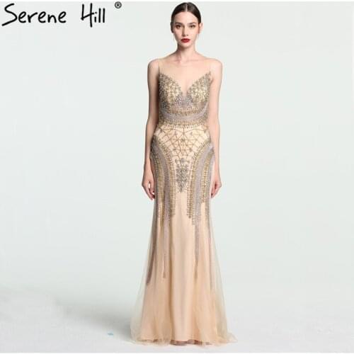 2020 Gold Luxury Full Crystal Mermaid Evening Dresses Sleeveless Sexy Elegant Tulle Evening GownsSerene Hill LA6126