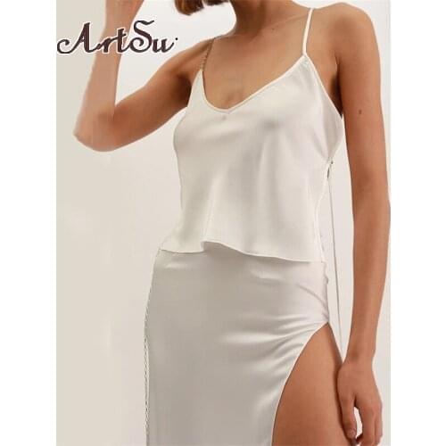 Artsu Fashion Summer New Satin 2 Pieces Sets Women Strap Backless Camis High Split Midi Skirt Suit Matching Set Sexy