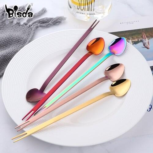8 Colors 2Pcs Heart Shape Dessert Spoon 1 in 2 multi-function Salad Spoons Dessert Cold Drink Ice Cream Using Tools Yogurt Scoop