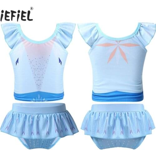 Kids Girls Swimsuit Spring Summer Fashion Cute Printed Flying Sleeves Girls Swimwear Beach Tankini Bathing Suit with Bottoms