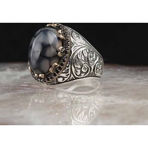 Gemstone Leaf Ring Real Sterling Silver Ring with Natural Tiger Eye or Agate or Onyx Stone Silver Women Ring Silver Men Ring