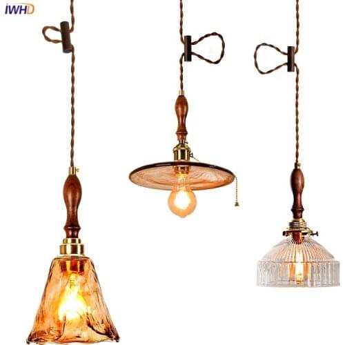 IWHD Nordic Wooden Glass Pendant Lights Fixtures Home Lighting Bedroom Living Room Beside Copper Vintage Lamp Hanglamp Luminaria