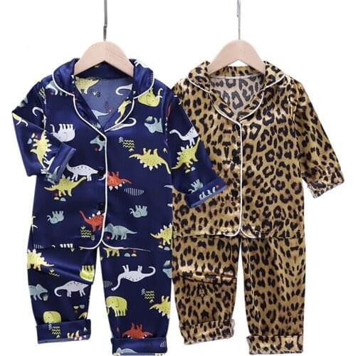 Long Sleeve Baby suit Kids Clothes Toddler Boys Girls Ice silk satin Cartoon little bear Tops Pants Set for Childrens home Wear