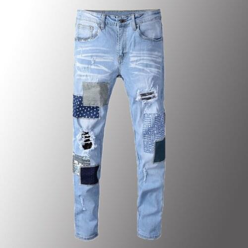 New Men Jeans Luxury Mens Patchwork Ripped Jeans Light Blue Holes Stretch Denim Pants Patch Design Trousers High Quality